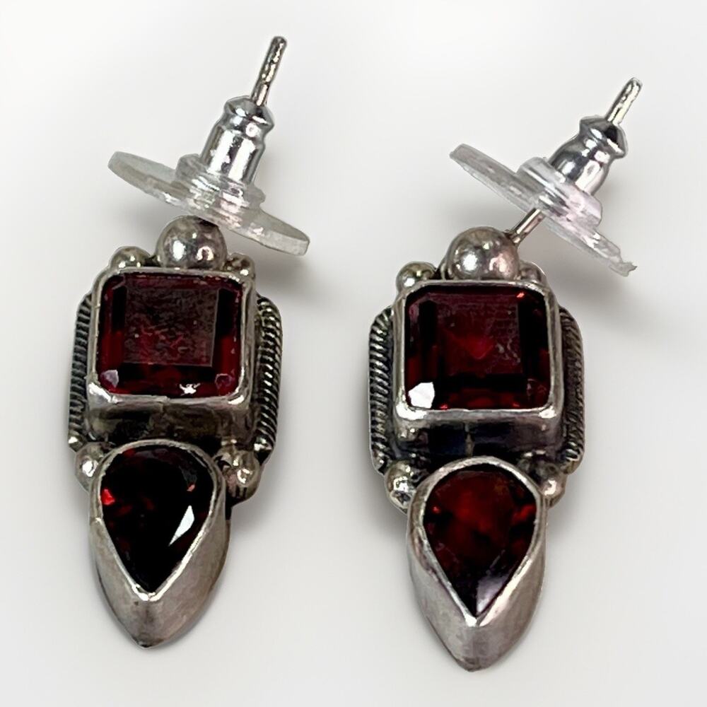 Vintage Signed 925 Sterling Silver Garnet Dangle Drop Stud Earrings- Victor V